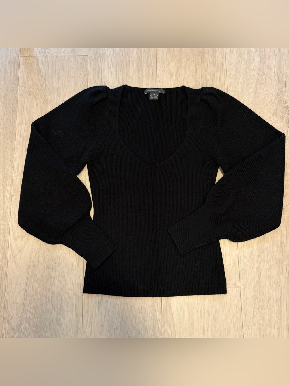 French Connection Black V-Neck Puff-Sleeve Sweater